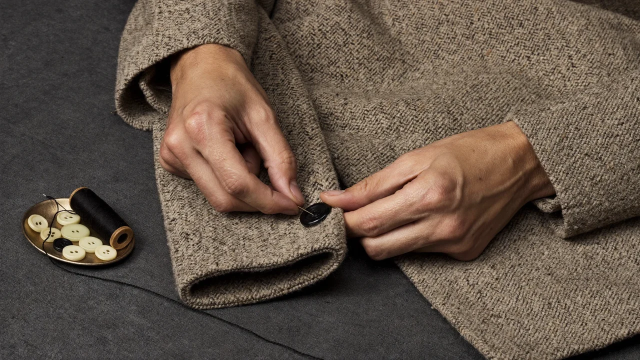 Hände nähen einen losen Knopf an den Ärmel einer Wolljacke, daneben Ersatzknöpfe